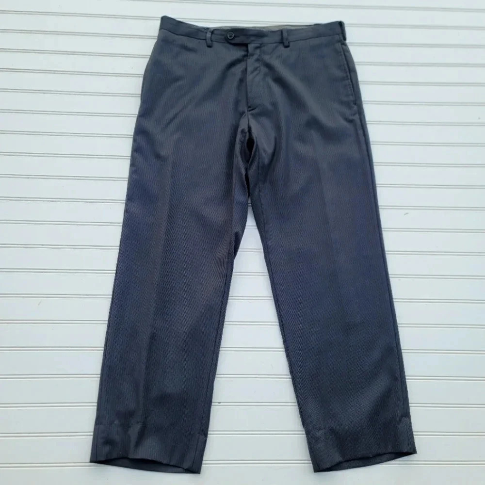 Pants Mens 32 Short Striped Gray Wool Dress Flat Front Business Macys 32x27